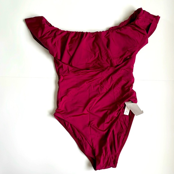 Trina Turk Off shoulder one piece swimsuit Burgundy Sz 8 brand new with tags